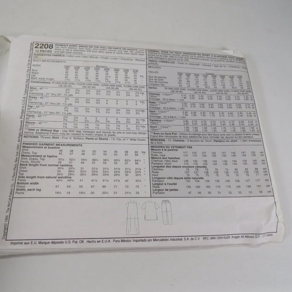 McCalls 2208 sewing pattern EASY 18-22W Dress, Pants, Shirt, Jacket